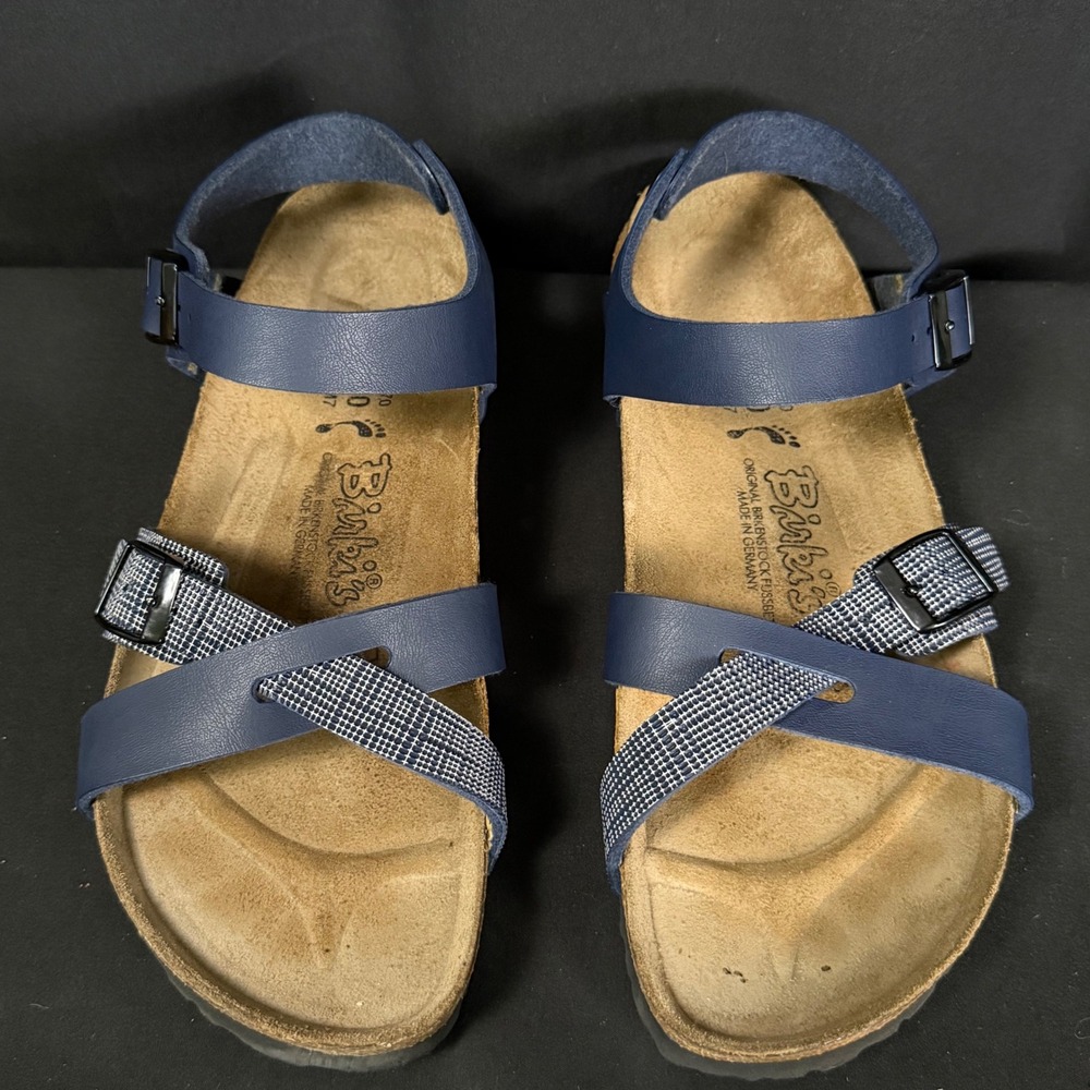 Birki's Birkenstock Lillie Navy Blue Plaid Strappy Slingback Sandals Womens 9 - Picture 3 of 14